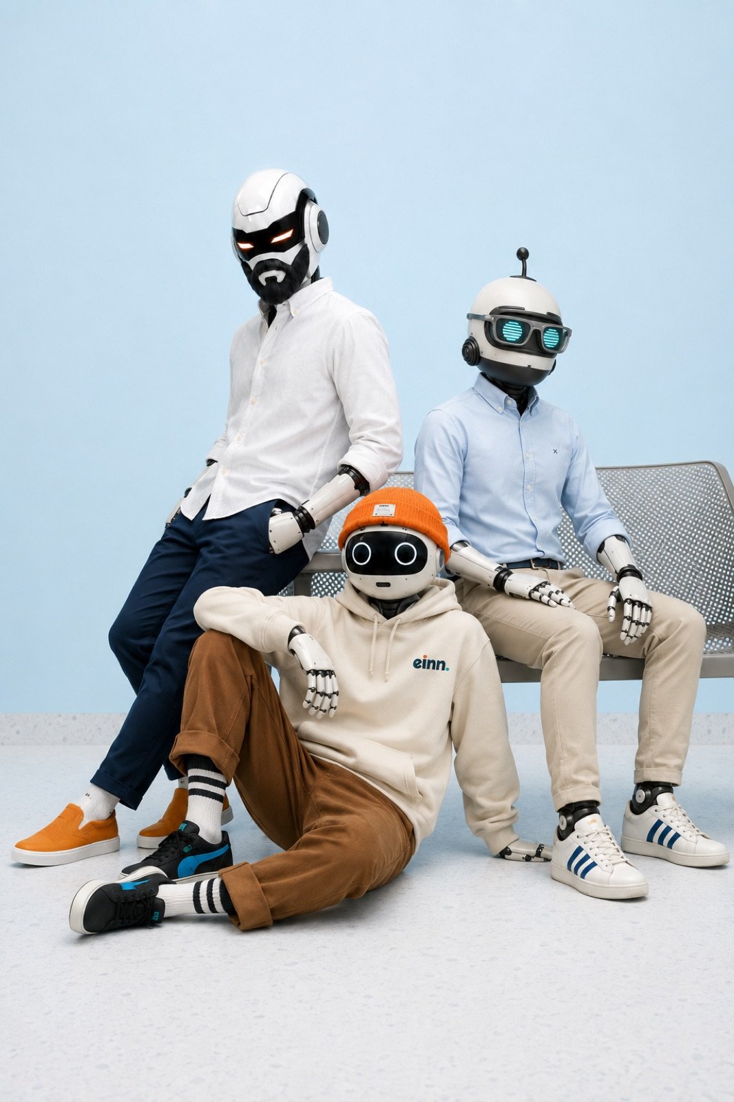 Tres robots vestidos con ropa de calle EINN